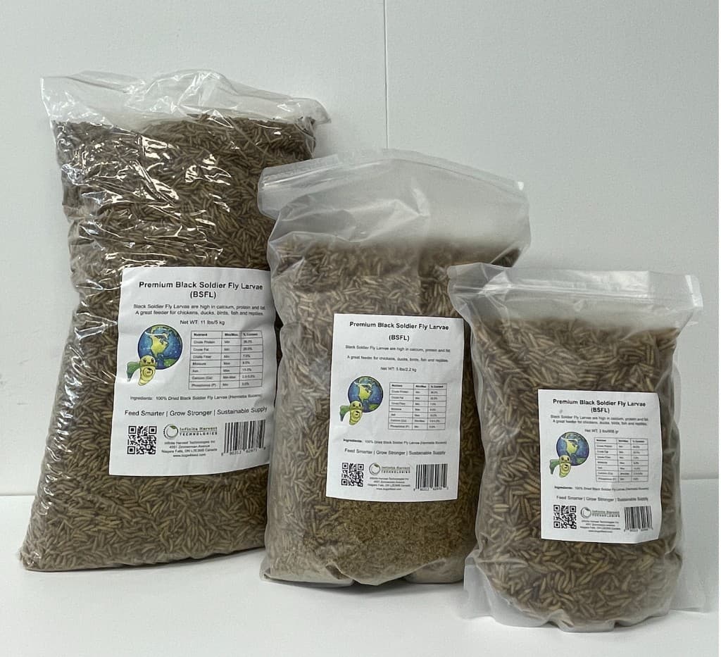 Bugs4Feed™ dried black soldier fly larvae in 11 lb, 5 lb, and 2 lb bags