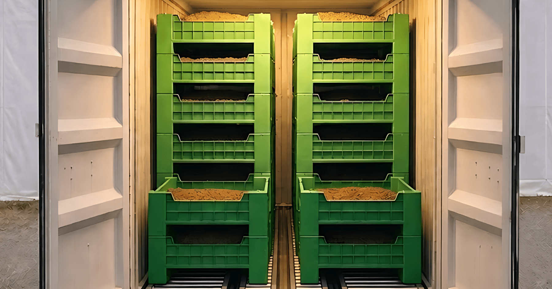 IHT container with stacked green bioconversion trays in the foreground