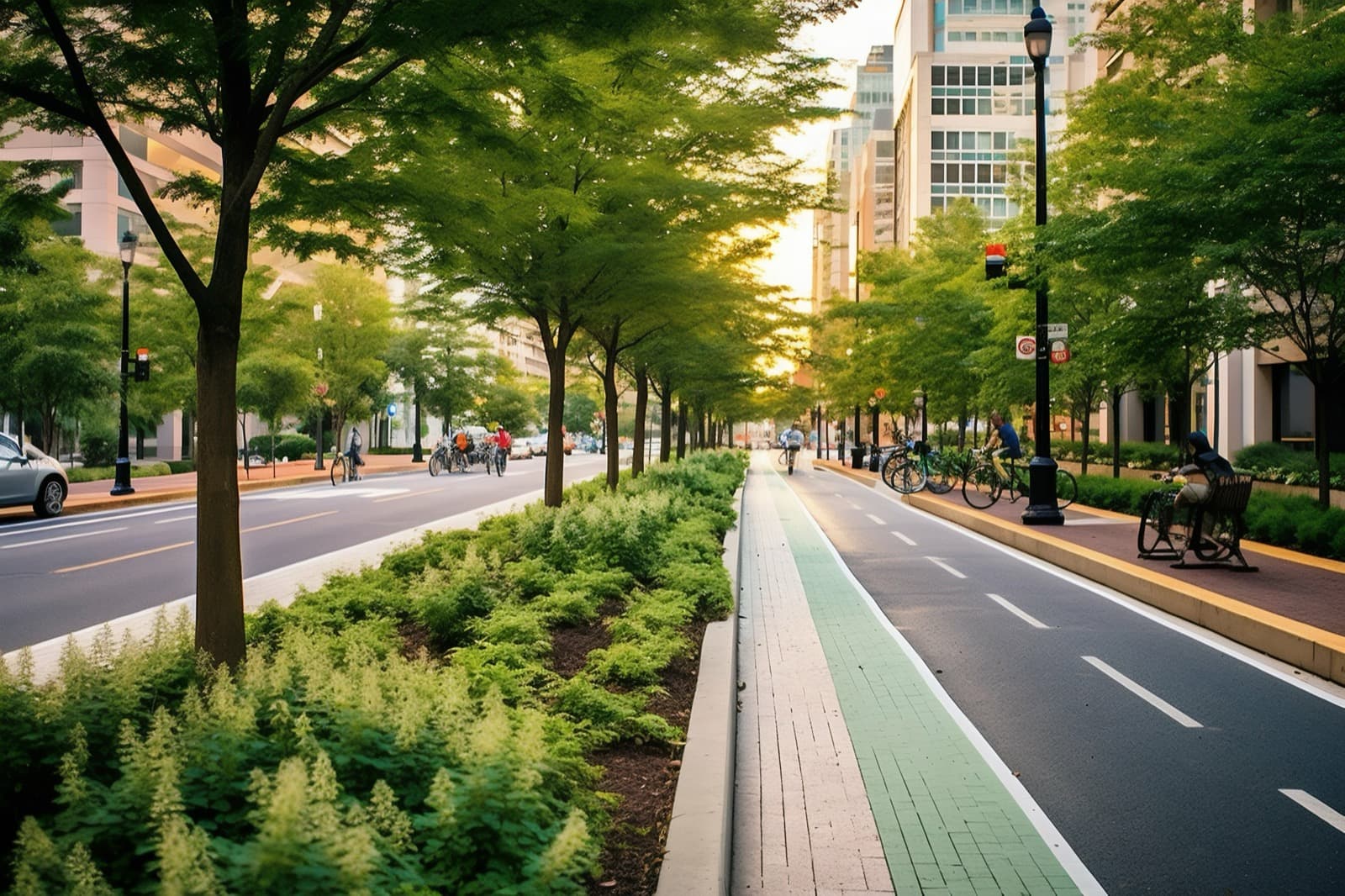 Urban greenway with tree-lined streetscape and planted median